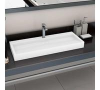 Lavabo en fonte minérale blanc 120x46x11 cm avec trou robinet, vasque suspendue ou plan comptoir pour salle bain, évier design facile nettoyage et installation murale