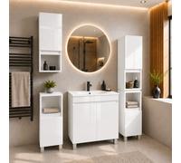 Lavabo encastrable en fonte minérale, poignée noire, en kit avec armoire de salle de bain suspendue blanche Merida L 60,5 x P 40 x H 30 cm, avec 1 tiroir à extension complète, brillant, montage mural