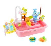 Lavabo Enfant Cuisine,Evier Enfant avec Circuit Eau, Système de Recyclage de l'eau, Jouets de pêche Flottants de Piscine pour Jouer à l'eau pour Enfants à Partir de 3 Ans, Rose