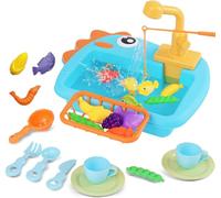 Lavabo Enfant Montessori avec Eau Apprentissage Autonomie Fonctionnel Exterieur Fermé Salle de Bain Evier avec Circuit Pompe Robinet Jouet Cuisine Legumes Bebe 1 an Fille Garcon 2 Ans Bleu