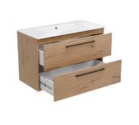 Lavabo Girona avec meuble inférieur, 80 cm de large, à suspendre, avec tiroirs, meuble sous vasque, en bois (chêne Lancelot), lavabo en céramique