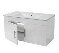 Lavabo + meuble sous évier HWC-D16, meuble sous vasque, poli miroir 90cm blanc