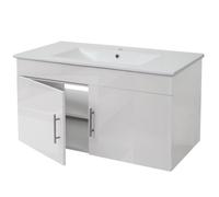 Lavabo + Meuble Sous Évier Hwc-D16, Meuble Sous Vasque, Poli Miroir 90cm Blanc Multicolore