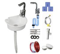Lavabo Mural en Plastique avec Robinet Mitigeur, Kit Complet avec Tuyaux d'Évacuation et d'Alimentation Lavabo Compact pour Salle de Bain Jardin Camping (Blanc)