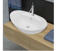 Lavabo ovale - vidaXL - Céramique - Blanc - Trou de robinet - Trop-plein