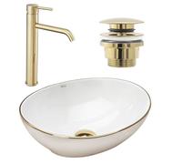 Lavabo Rea Sofia Lavabo Monolite Blanc 41X41X15Cm + Robinet de salle de bain LUNGO DORÉ + Bonde DORÉ