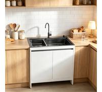 Lavabo Robuste avec Meuble Aluminium Nid d'Abeille, Évier Inox pour Garage, Buanderie et Stations de Barbecue Extérieures