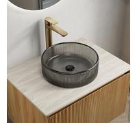Lavabo rond en cristal - Paroi extérieure rainurée - Élégant lavabo de salle de bain - Surface facile d'entretien - Faible pores - Bonde pop-up recommandée sans trop-plein (noir)