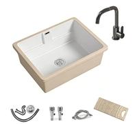 Lavabo Salle de Bain avec Planche a Laver Amovible, en Céramique, Vasque avec Robinet, Mitigeur et Bonde, pour Toilettes et Balcons(500mm/16.7in)