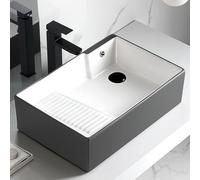 Lavabo Salle de Bain avec Planche à Laver, Vasque a Poser en Céramique avec Robinet Extractible, avec Égouttoir et Tuyau d'Evacuation, Conception Antifuite
