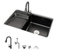 Lavabo Salle de Bain Noir avec Planche à Laver, Vasque à Poser Salle de Bain en Acier Inoxydable avec Robinet Mitigeur Extractible pour Cuisine et Buanderie(82x48.5x25cm/32x19x9.8in)