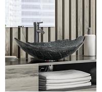 Lavabo Vasque à Poser avec Robinetterie - Verre Trempé - Forme Feuilles - Gris - 62x42x21cm
