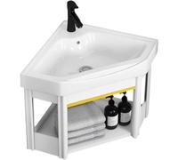Lavabos D’Angle De Salle De Bain, évier Mural, évier Blanc, Combo pour Petit Espace Ensemble D’armoires Murales Design Lavabo en Résine Blanche Robinet Et Drain Chromés。, 42x42x40cm