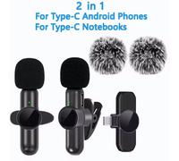 Lavalier Microphone Sans Fil Boutonnière Professionnel Double Micro Cravate Mini Pour Iphone Android Téléphone Portable Cellule Pc Micro Kit.1 To 2 Typec.