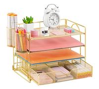 Lavatino Organisateurs de bureau dorés avec tiroir, organiseur de fichiers de bureau à 4 plateaux avec porte-stylo, organiseurs de papier et rangement pour bureau, organiseurs de bureau en maille et
