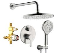 Lavatrum Système de douche, ensemble de robinet de douche mural, avec pomme de douche haute pression de 25,4 cm, douchette à main 6 fonctions, valve d'équilibrage de pression avec kit de garniture et inverseur (nickel brossé)