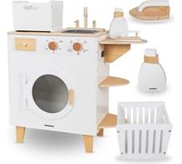 Mamabrum Machine à Laver pour Enfants en Bois 3+ avec Fer à Repasser, Panier et Liquide à Linge, Ensemble de Linge Jouet avec nettoyants, Machine à Laver pour Enfants avec Planche à Repasser pour