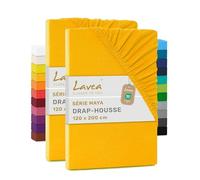 Lavea® Lot de 2 Draps-Housses 120x190/200 cm - Coton 100% Doux et Respirant - pour Matelas Épais Jusqu’à 20 cm - Jersey avec Élastique Tout Autour - Jaune Doré