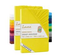 Lavea® Lot de 2 Draps-Housses pour Surmatelas/Topper 90x190/200 cm - Jersey 100% Coton - pour Surmatelas Jusqu’à 10 cm - avec Élastique Tout Autour - Jaune Soleil