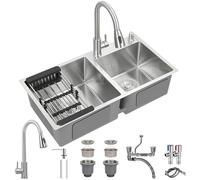 Lavello da cucina in acciaio inox a doppia vasca con rubinetto e filtro, silenzioso, da incasso/montato, finitura spazzolata, grande capacità, per casa, ristorante, bar, durevole, elegante, argento