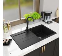 Lavello Master 1.0 Évier de cuisine, en granit, encastrable, simple, avec siphon - Noir métallisé - Gauche