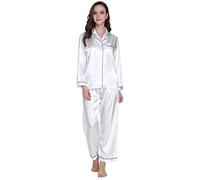 Lavenderi Ensemble de pyjama en satin de qualité supérieure à manches longues pour femme, Blanc avec passepoil noir., X-Large