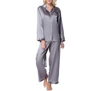 Lavenderi Ensemble de pyjama en satin de qualité supérieure à manches longues pour femme, gris argenté, Large