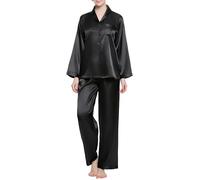 Lavenderi Ensemble de pyjama en satin de qualité supérieure à manches longues pour femme, noir uni, XX-Large