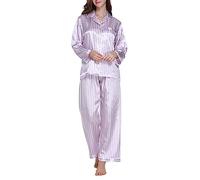 Lavenderi Ensemble de pyjama en satin de qualité supérieure à manches longues pour femme, Rayure violet clair, Large