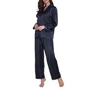 Lavenderi Ensemble de pyjama en satin de qualité supérieure à manches longues pour femme, Rayures noires et grises, Large