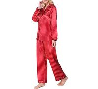 Lavenderi Ensemble de pyjama en satin de qualité supérieure à manches longues pour femme, rouge/rayé, X-Large