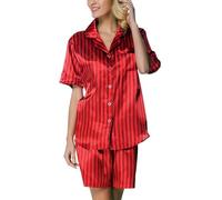 Lavenderi Pyjama classique à manches courtes en satin soyeux pour femme, vêtement de nuit court, Rayures rouges., XL
