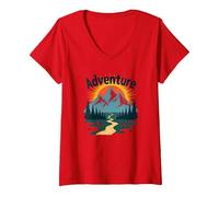 L'Aventure Vous Attend : Exploration en Plein air de Jackson Hole Mountain T-Shirt avec Col en V, Femme, Rouge, M