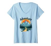 L'Aventure Vous Attend : Exploration en Plein air de Jackson Hole Mountain T-Shirt avec Col en V, Femme, Bleu Céleste, M