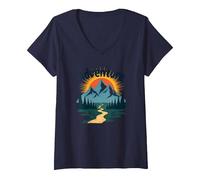 L'Aventure Vous Attend : Exploration en Plein air de Jackson Hole Mountain T-Shirt avec Col en V, Femme, Bleu Marine, L