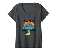 L'Aventure Vous Attend : Exploration en Plein air de Jackson Hole Mountain T-Shirt avec Col en V, Femme, Chiné Foncé, XXL