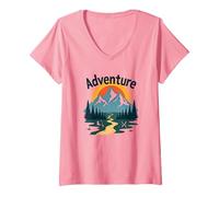 L'Aventure Vous Attend : Exploration en Plein air de Jackson Hole Mountain T-Shirt avec Col en V, Femme, Rose, S