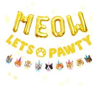 LaVenty Bannière humoristique pour anniversaire de chat avec ballons Lets Pawty Bannière Meow Let's Pawty Toile de fond pour fête d'anniversaire Fournitures de fête Accessoires photo