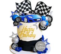 Laventy décoration de gâteau de vitesse bleue décor de gâteau de voiture | Laventy décoration de gâteau de vitesse bleue décor de gâteau de voiture décoration de drapeau à carreaux grandir deux