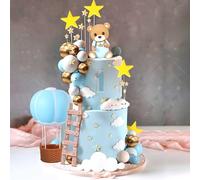 LaVenty Décoration de gâteau en forme d'ours bleu et doré - Ballons à air chaud - Décoration de gâteau d'anniversaire pour fête prénatale