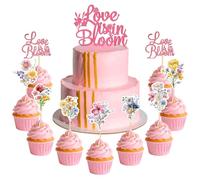 LaVenty Décoration de gâteau « Love is in Bloom » - Fleurs sauvages - Décoration de fête prénuptiale pour fiançailles, mariage, fête de future mariée