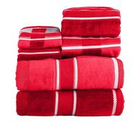 Lavish Home Lot de 6 Serviettes - Accessoires de Salle de Bain en Coton Absorbant avec Serviettes de Bain, essuie-Mains et débarbouillettes - Serviettes Unies et rayées (Rouge)