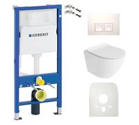 Lavita Duofix Basic Bâti-support + WC à rinçage en profondeur mural Sofi Blanc sans bride + Abattant WC avec abaissement automatique + Plaque de commande Delta 25 Bouton blanc Ensemble complet de