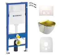 Lavita Duofix Bâti-support de base + WC suspendu Sofi Slim Checked Gold sans rebord + siège de toilette + plaque de commande Delta 25 Bouton blanc Ensemble complet de mécanisme de chasse d'eau