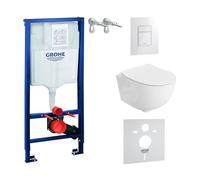 Lavita Élément mural Solido + WC suspendu Brava blanc sans bord + abattant de WC avec système d'abaissement automatique blanc brillant bouton kit complet encastré réservoir de chasse WC complet