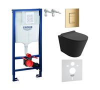 Lavita Élément mural Solido + WC suspendu mural Galve noir sans bord + abattant de WC avec système d'abaissement automatique Bouton doré Kit complet encastré WC complet