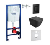 Lavita Élément mural Solido + WC suspendu mural Onil noir sans bord + abattant de WC avec système d'abaissement automatique bouton noir - Kit complet encastré pour WC