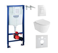 Lavita,Élément mural Solido + WC suspendu mural Praia blanc sans bord + abattant WC SoftClose,Bouton blanc brillant,Kit complet,Réservoir de chasse encastré,Kit complet,WC complet,