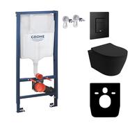 LAVITA | Élément mural Solido + WC suspendu mural Praia noir sans bord + abattant WC SoftClose | Bouton noir | Kit complet | Réservoir de chasse encastré | Kit complet | WC complet |