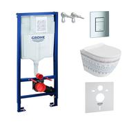 LAVITA | Élément mural Solido + WC suspendu mural Sofi Slim Folklor sans bord + abattant WC SoftClose | Bouton chromé | Kit complet | Réservoir de chasse encastré | Kit complet | WC complet |